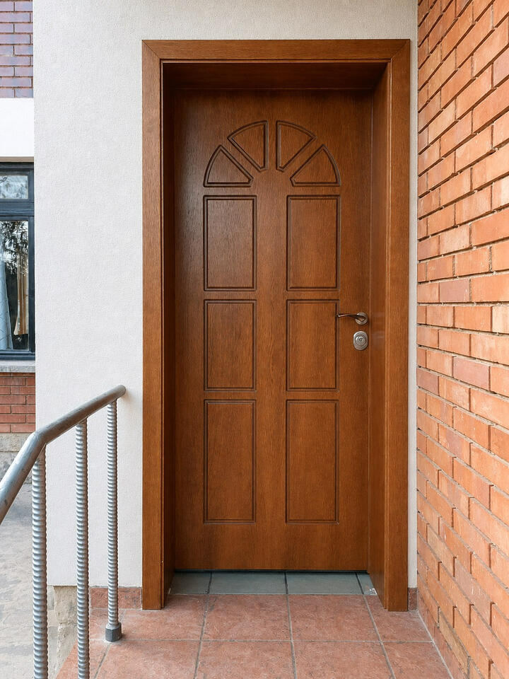 Oak veneer — classic panel design Complete oak-veneer exterior entrance door with traditional panel design and full frame visible