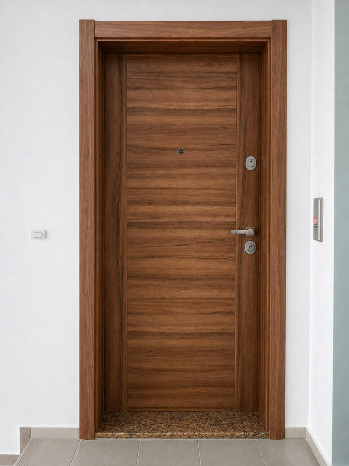 Brown made-to-measure exterior door with improved laminate finish