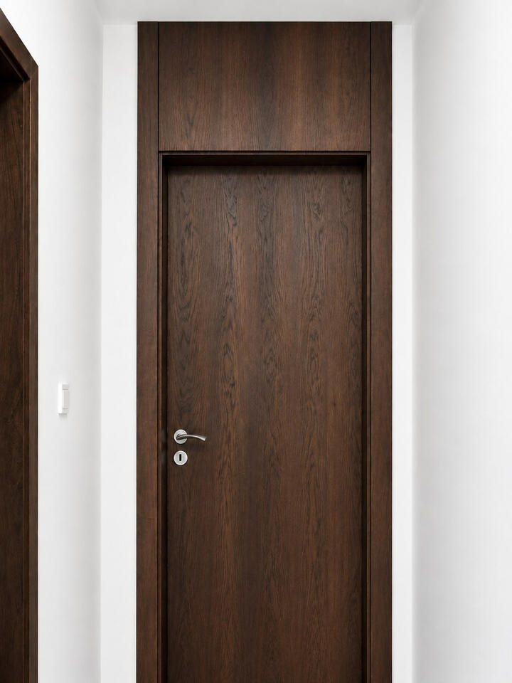 Complete extra-tall dark laminate interior door with full frame, architraves and overhead panel visible