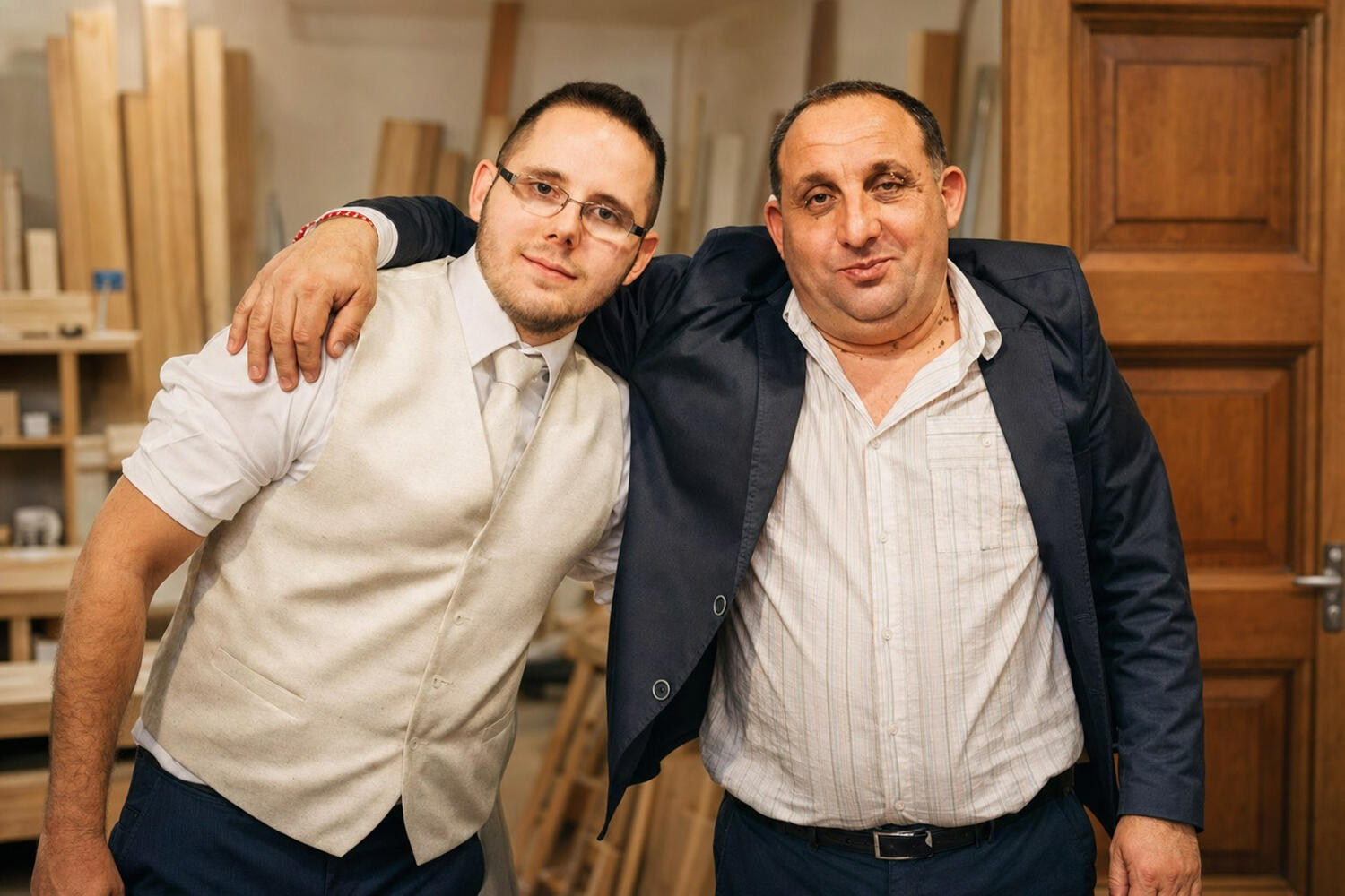 Father and son of Mironovi Doors in their family door-manufacturing workshop